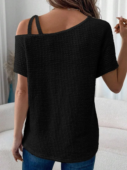Asymmetrical Neck Short Sleeve T-Shirt – Black by Simply Love
