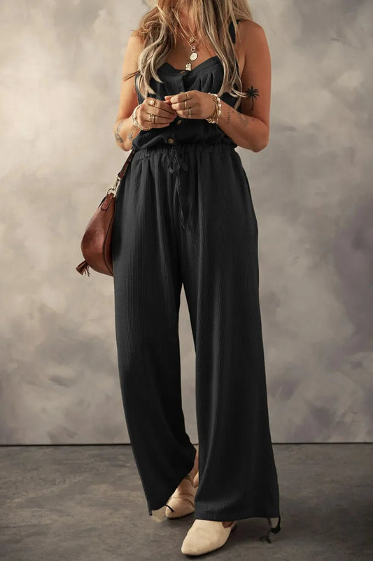 Knotted Straps Button Textured Drawstring Jumpsuit – Black by Simply Love