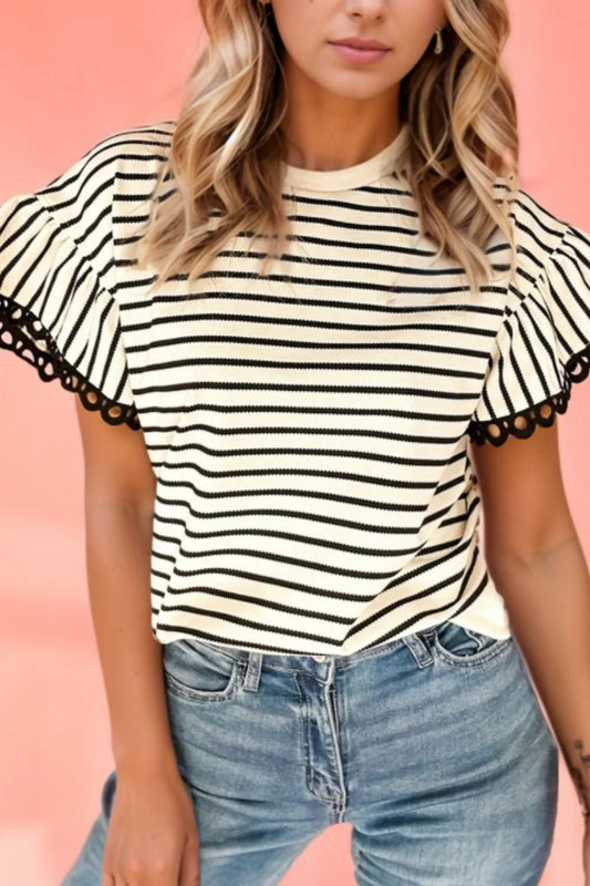 Striped Round Neck Ruffle Sleeve Blouse – Black by Simply Love