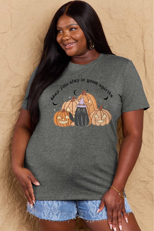 Simply Love Full Size MAY YOU STAY IN GOOD SPIRITS Graphic Cotton T-Shirt – Charcoal by Simply Love