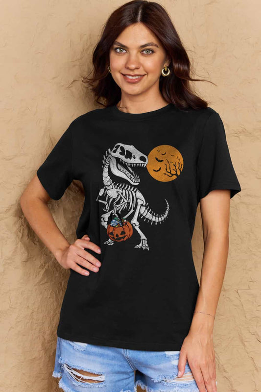 Simply Love Full Size Dinosaur Skeleton Graphic Cotton Tee – Black by Simply Love