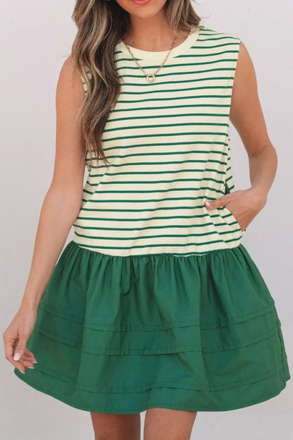 Stripe Woven Sleeveless Mini Dress – Dark Green by Simply Love