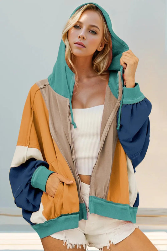Double Take Full Size Color Block Zip Up Hoodie – Khaki by Simply Love