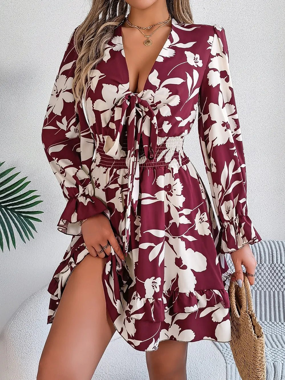 Tied Ruffled Printed Long Sleeve Dress – Burgundy by Simply Love