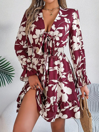Tied Ruffled Printed Long Sleeve Dress – Burgundy by Simply Love
