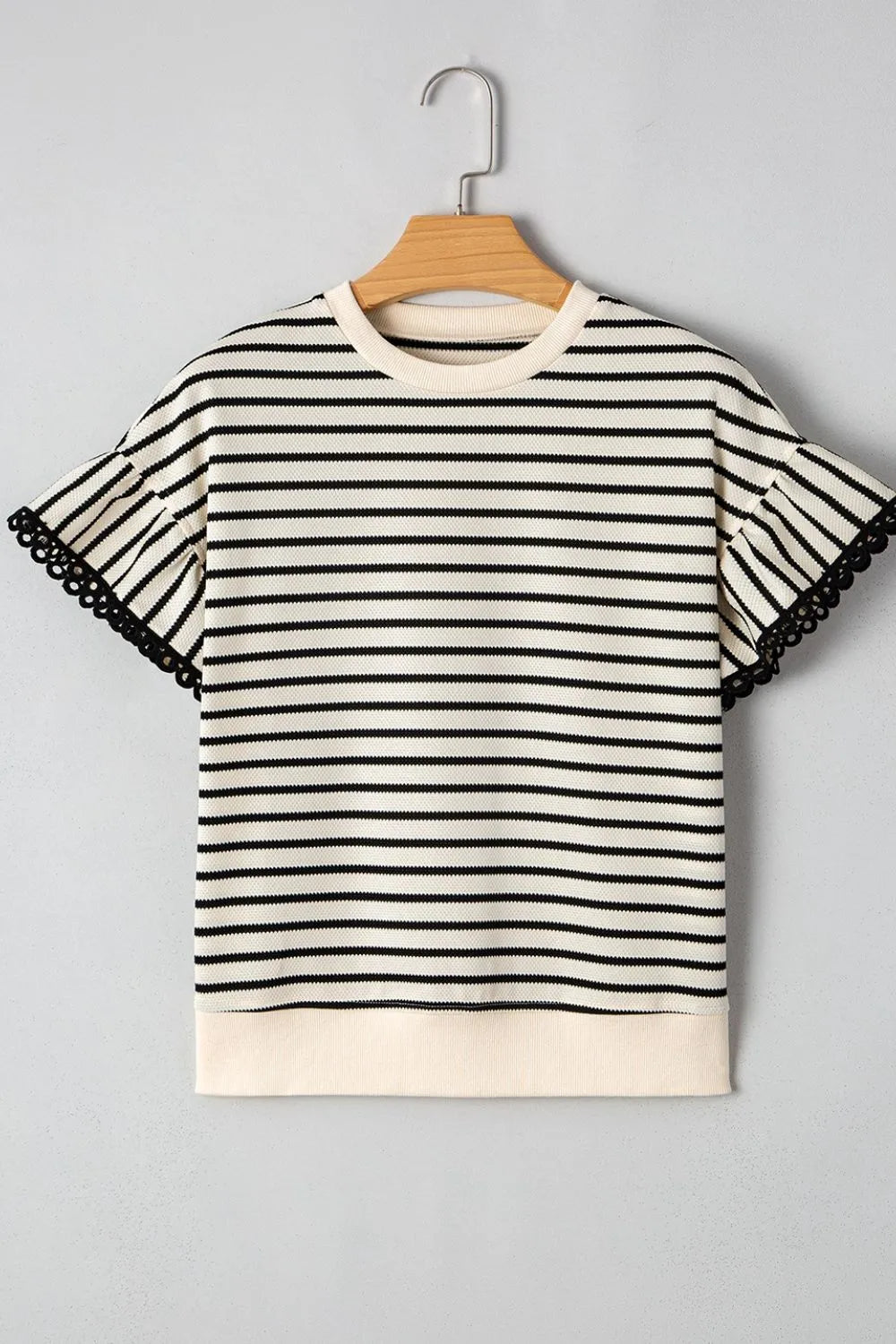 Striped Round Neck Ruffle Sleeve Blouse – Black by Simply Love