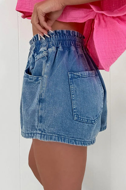 Drawstring High Waist Denim Shorts with Pockets – Medium by Simply Love