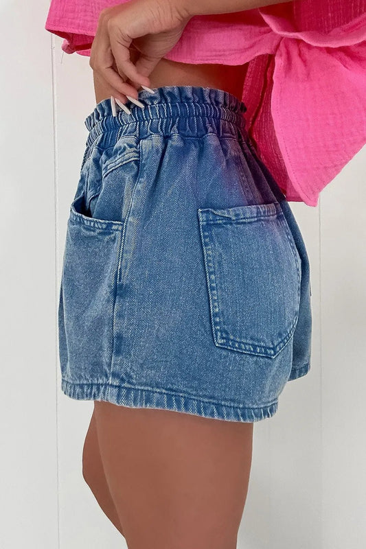 Drawstring High Waist Denim Shorts with Pockets – Medium by Simply Love
