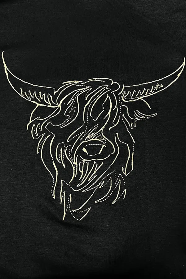 Bull Head Embroidered Round Neck T Shirt – Black by Simply Love