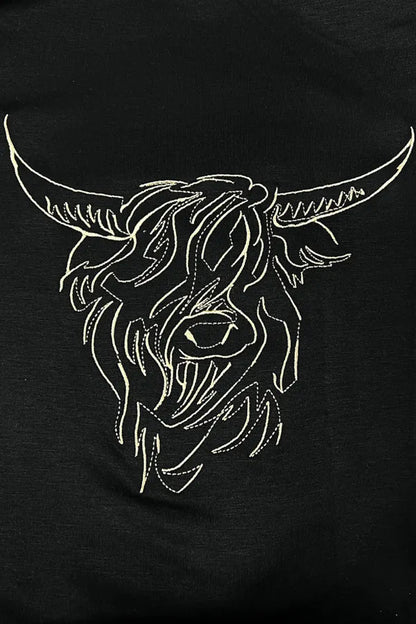 Bull Head Embroidered Round Neck T Shirt – Black by Simply Love