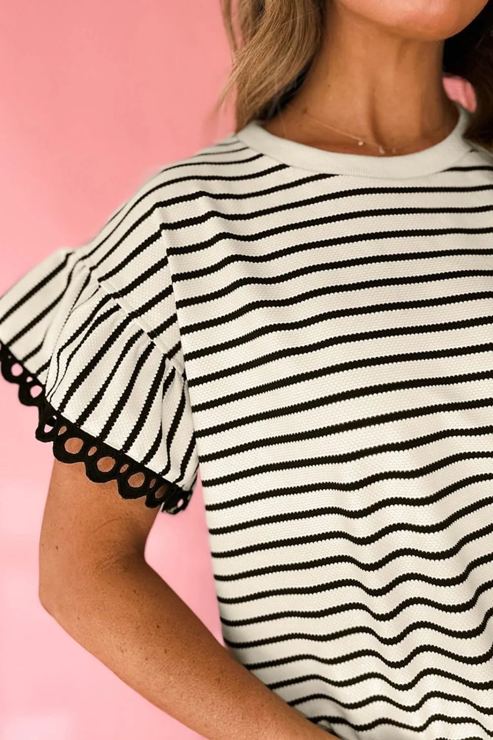 Striped Round Neck Ruffle Sleeve Blouse – Black by Simply Love