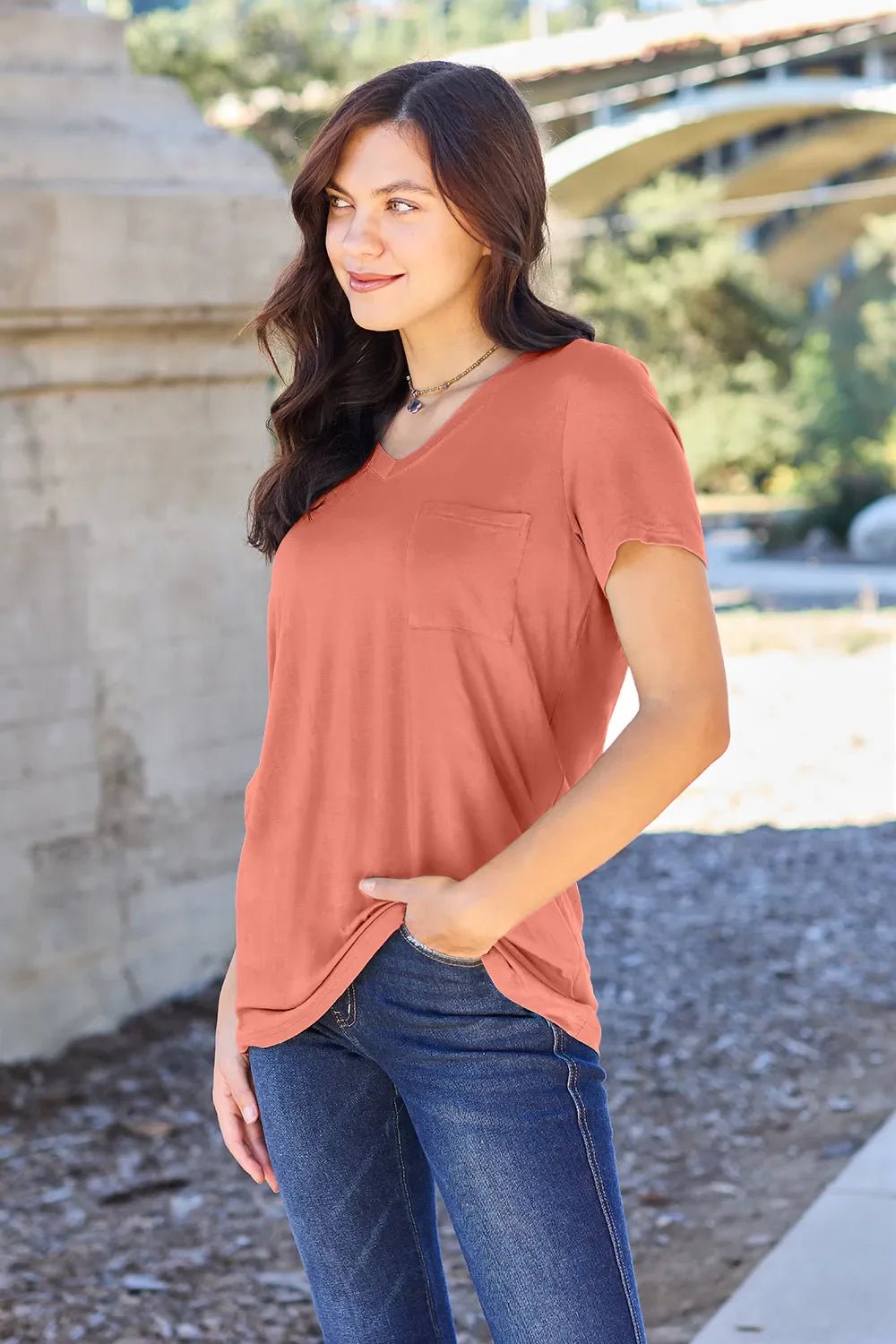 Basic Bae Bamboo Full Size V - Neck Short Sleeve T-Shirt – Watermelon pink by Simply Love