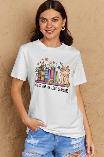 Simply Love Full Size BOOKS ARE MY LOVE LANGUAGE Graphic Cotton Tee – Bleach by Simply Love