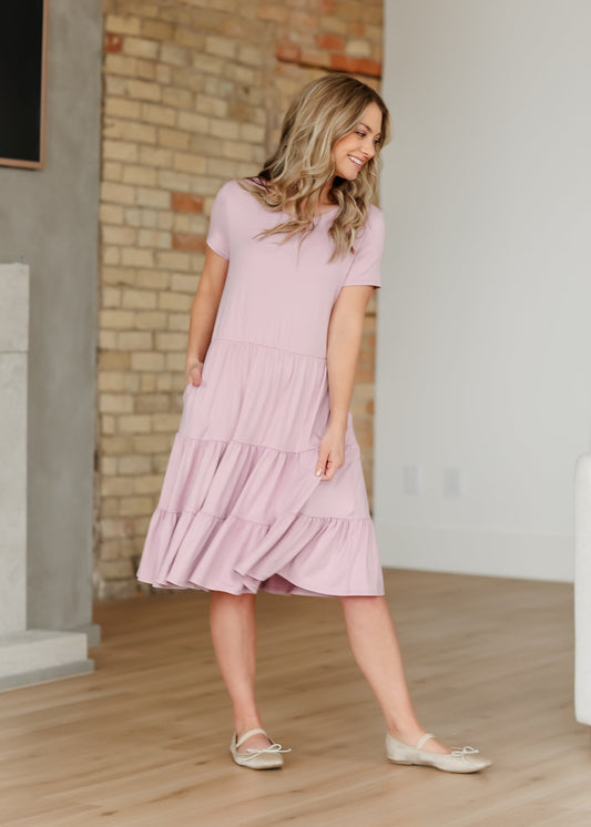 Jenna Pink Knit Short Sleeve Tiered Midi Dress