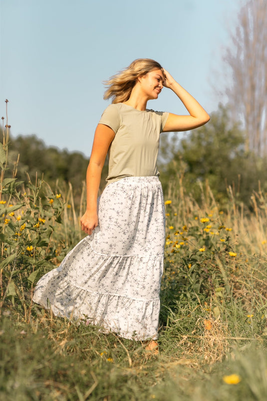 Lynn Tiered Peasant Maxi Skirt Purple Floral