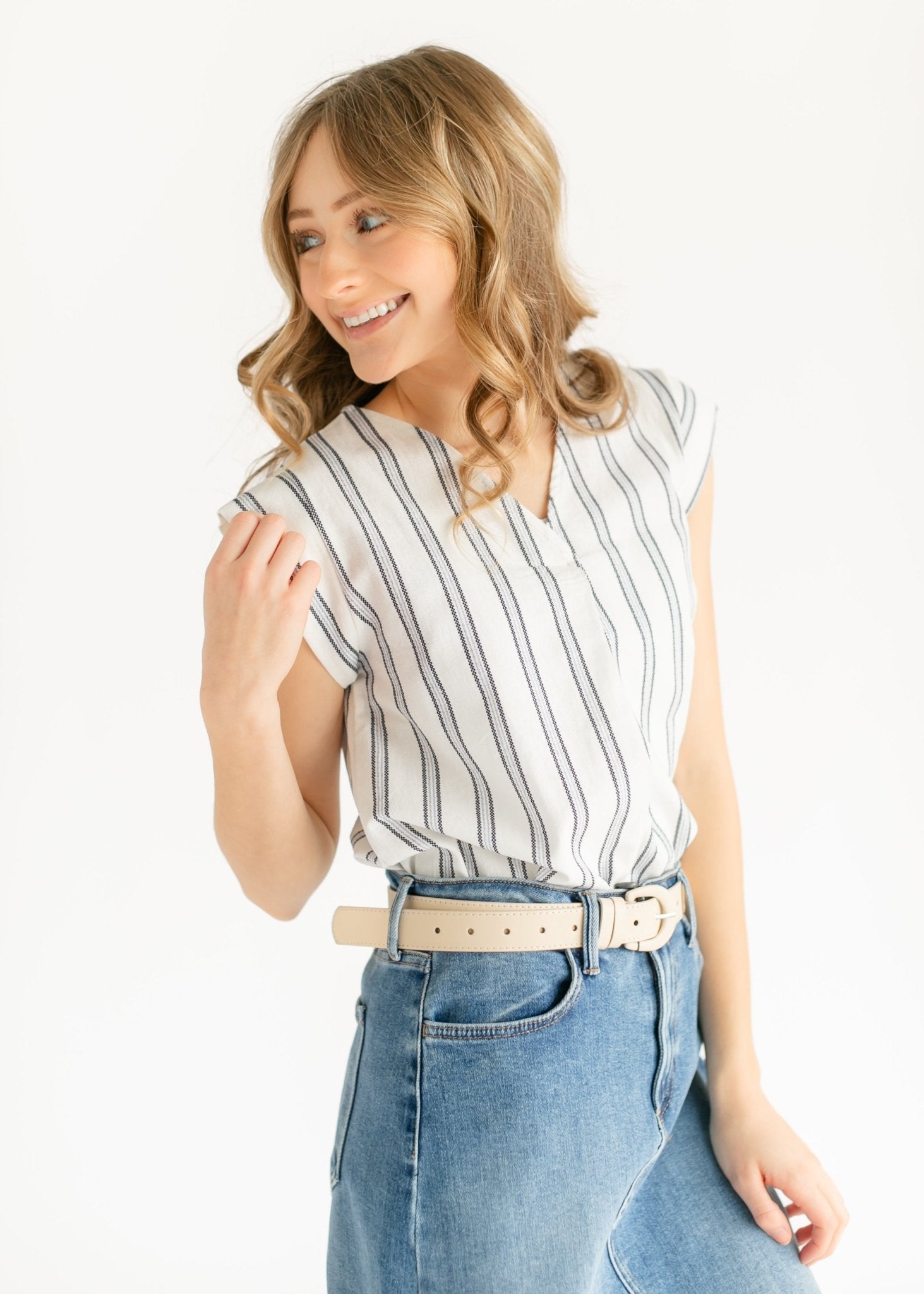 Madison Striped V - neck Short Sleeve Flowy Top – XS IC Tops by Inherit Co.