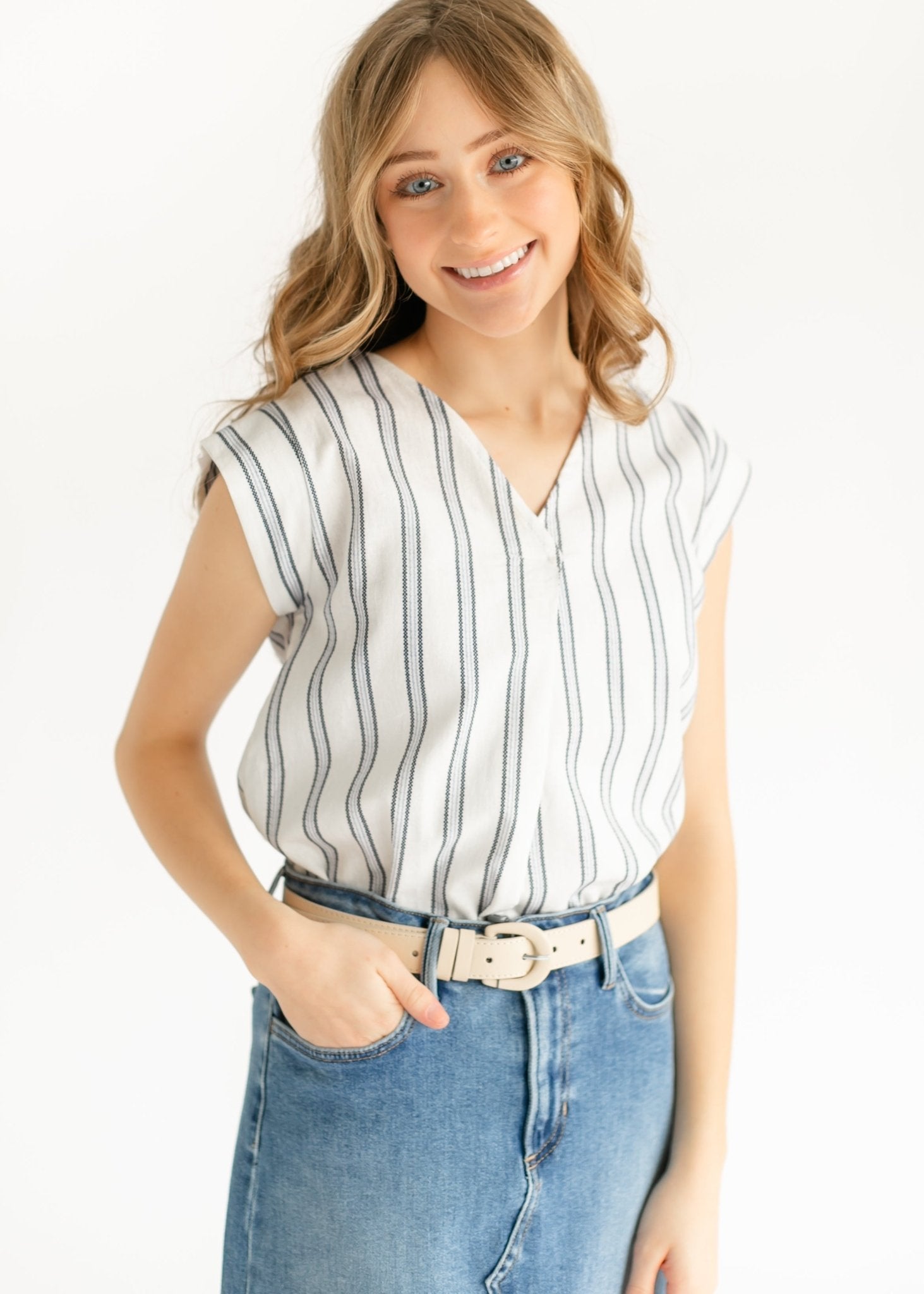 Madison Striped V - neck Short Sleeve Flowy Top – XS IC Tops by Inherit Co.