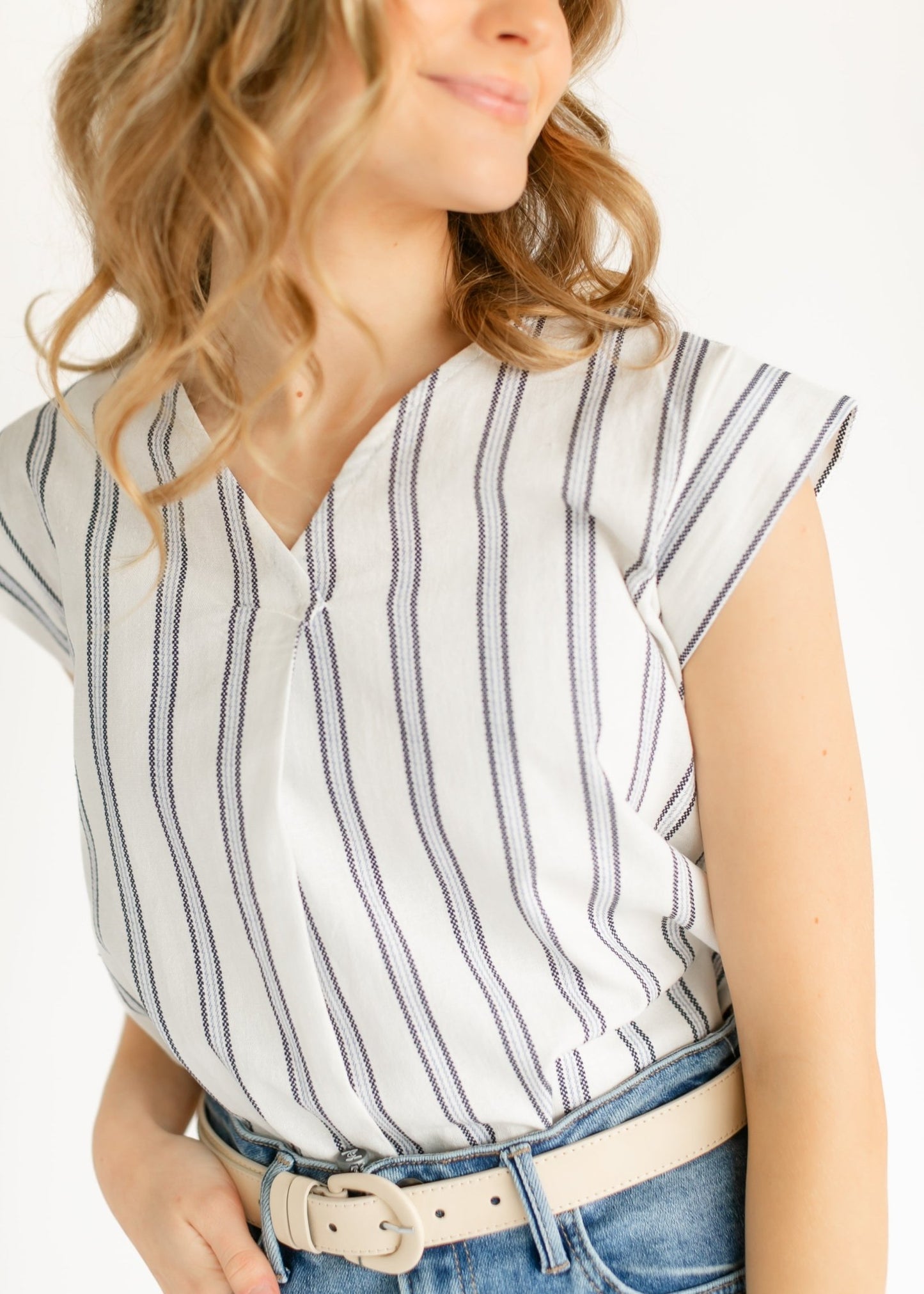Madison Striped V - neck Short Sleeve Flowy Top – XS IC Tops by Inherit Co.
