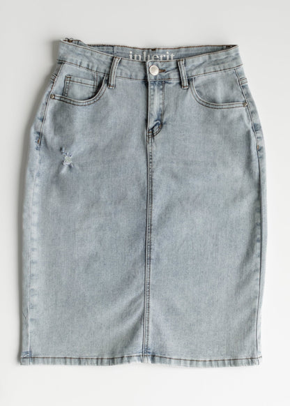 Maelia Distressed Denim Midi Skirt – 2 IC Skirts by Inherit Co.