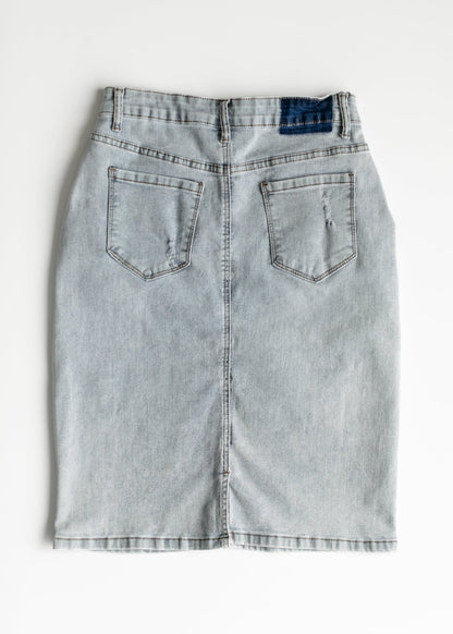 Maelia Distressed Denim Midi Skirt – 2 IC Skirts by Inherit Co.