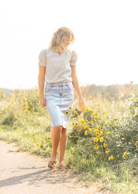 Maelia Distressed Denim Midi Skirt