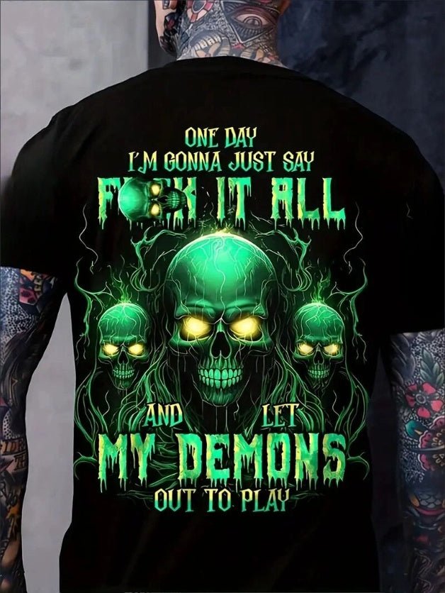 “My Demons” Skull Graphic T-Shirt – Men’s Spooky Crew Neck Tee | Halloween Casual Streetwear – Black Mens Top by SbrTnHomes