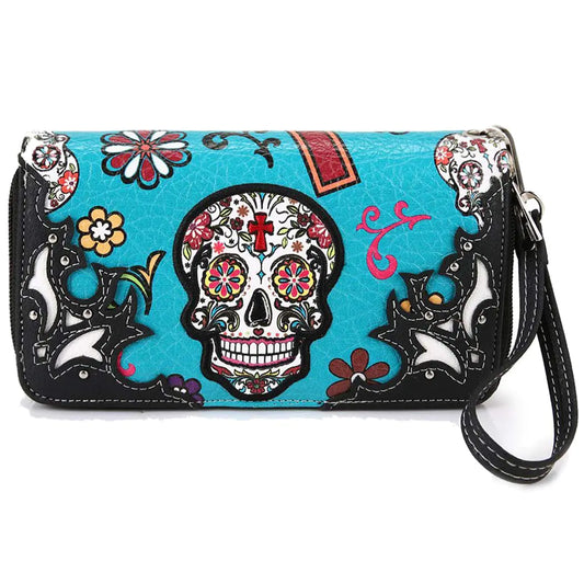 Image of Sugar-Skull-Western-Cross-Clutch-Wallet-Day-Of-The-Dead-Wristlet-Purse-Calavera-Turquoise-One-Size | Shop Sbrtn Homes – featured product