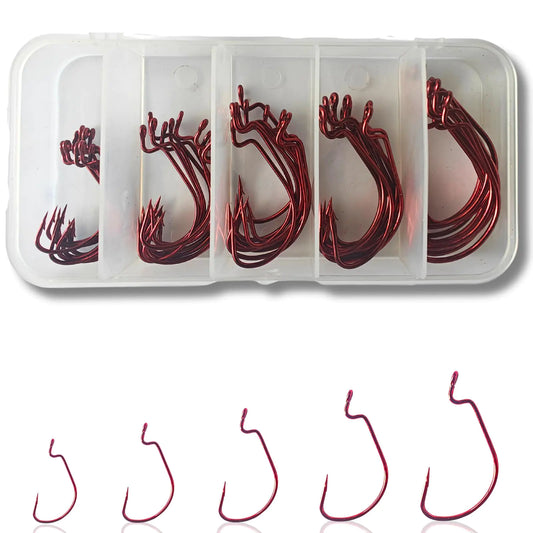 ELLYCIO EWG Offset Worm Hooks – Red High-Carbon Texas Rig Set (50pcs, 5 Sizes) | Bass Fishing