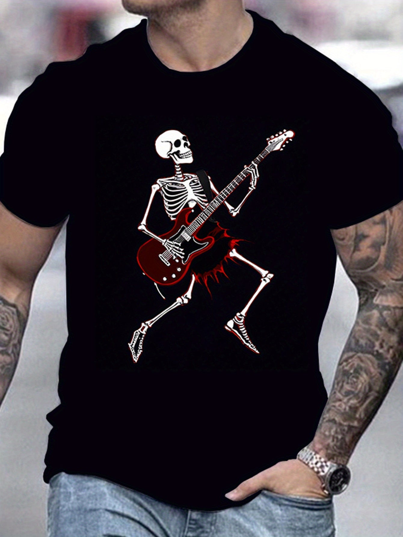 Skull Guitar T-Shirt – Men's Retro Rocker Tee for Casual & Halloween Style | Short Sleeve Streetwear – Blakc Mens Top by SbrTnHomes