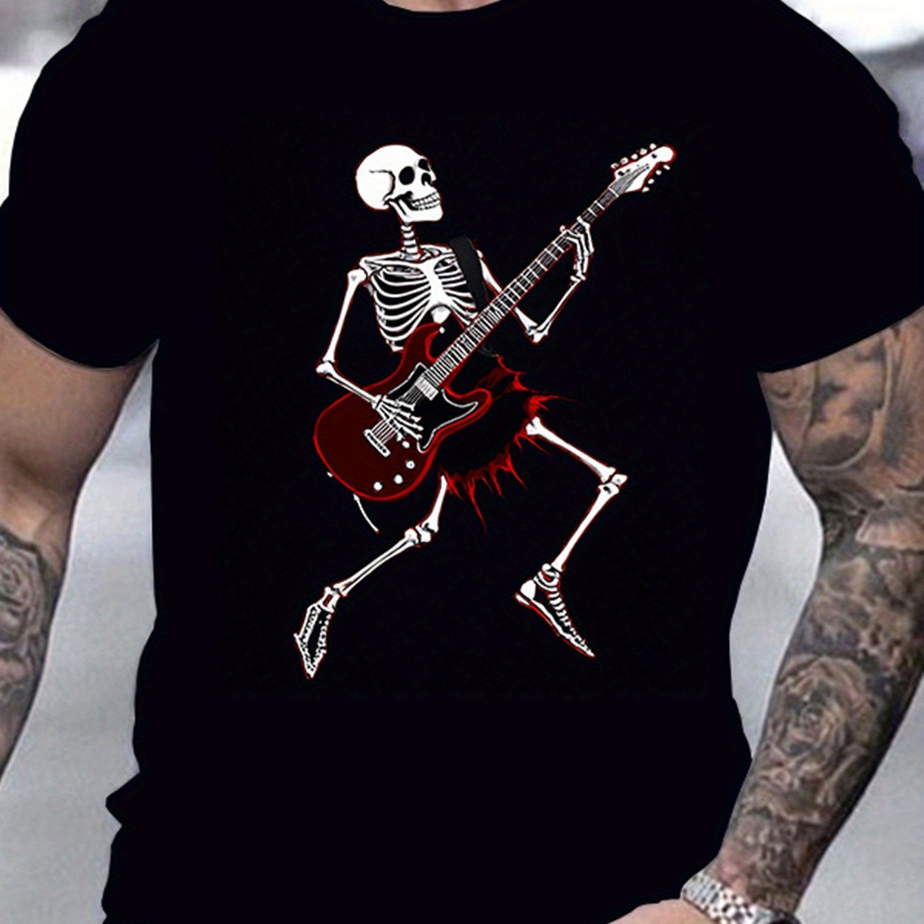 Skull Guitar T-Shirt – Men's Retro Rocker Tee for Casual & Halloween Style | Short Sleeve Streetwear – Blakc Mens Top by SbrTnHomes