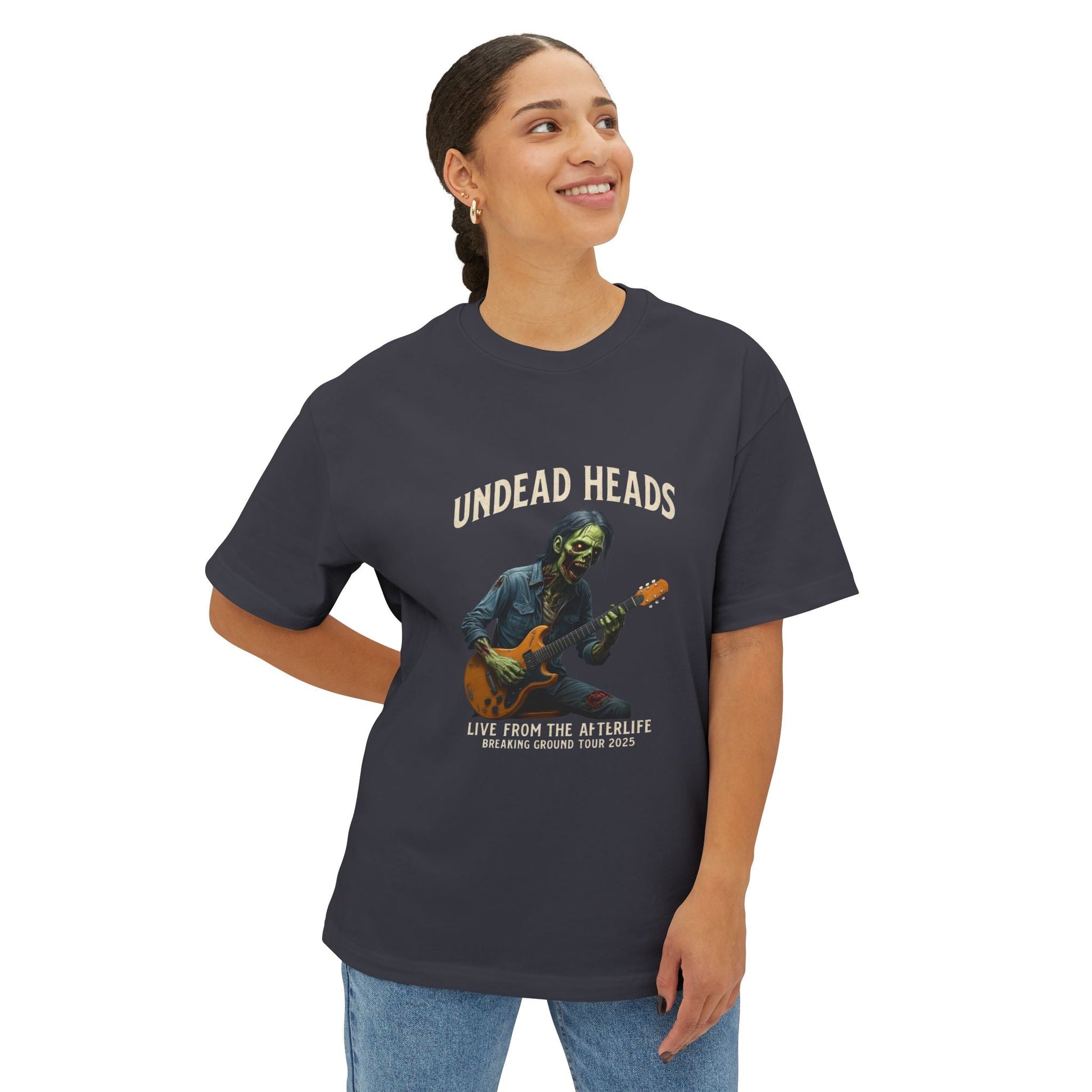 Undead Heads – Breaking Ground Tour 2025 Graphic Tee | Vintage Rock Band Shirt, Oversized Unisex Concert T-Shirt, Halloween Music Festival Merch – Navy T-Shirt by Printify