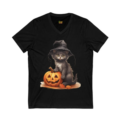 Witchy Kitten Halloween Tee – Cute Cat with Pumpkin V - Neck Shirt | Fall & Spooky Season T-Shirt – Black V - neck by Printify