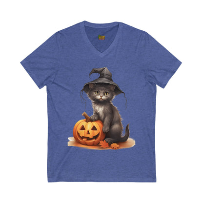 Witchy Kitten Halloween Tee – Cute Cat with Pumpkin V - Neck Shirt | Fall & Spooky Season T-Shirt – Heather True Royal V - neck by Printify