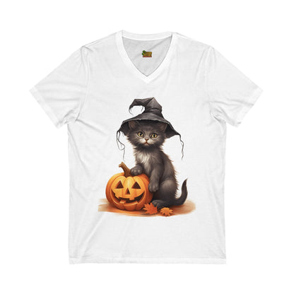 Witchy Kitten Halloween Tee – Cute Cat with Pumpkin V - Neck Shirt | Fall & Spooky Season T-Shirt – White V - neck by Printify