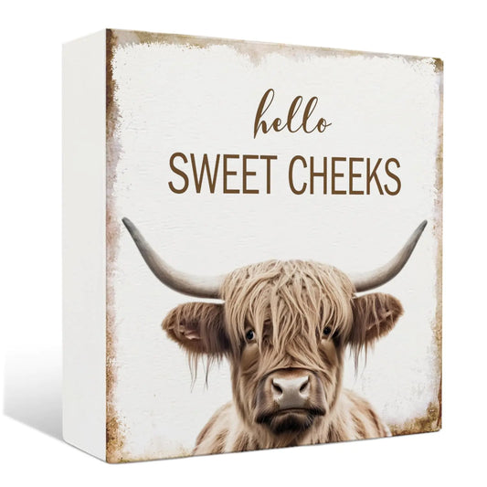 Nrleey - Highland - Cow - Bathroom - Decor - Hello - Sweet - Cheeks - Bathroom - Decor - Rustic - Western - Bathroom - Wood - Sign - Highland - Cow - Decor - Western - Bathroom - Sign - 5 - X - 5 - Inches | Shop Sbrtn Homes – Highland Cow Wall Art by SbrTnHomes