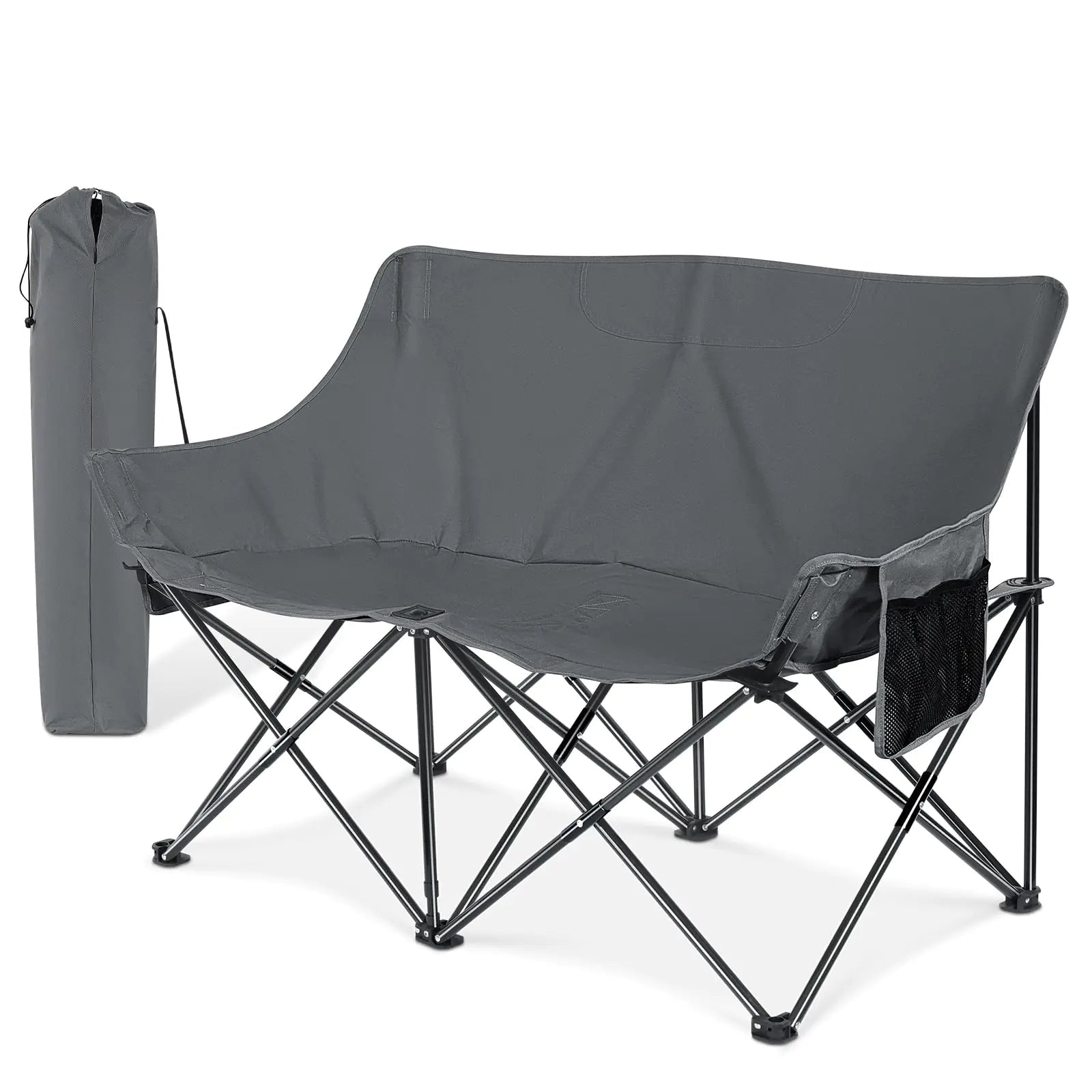 Double camping chair in grey with waterproof padded seats, steel frame, and side pockets. Folds and stores in included travel bag—ideal for outdoor activities.